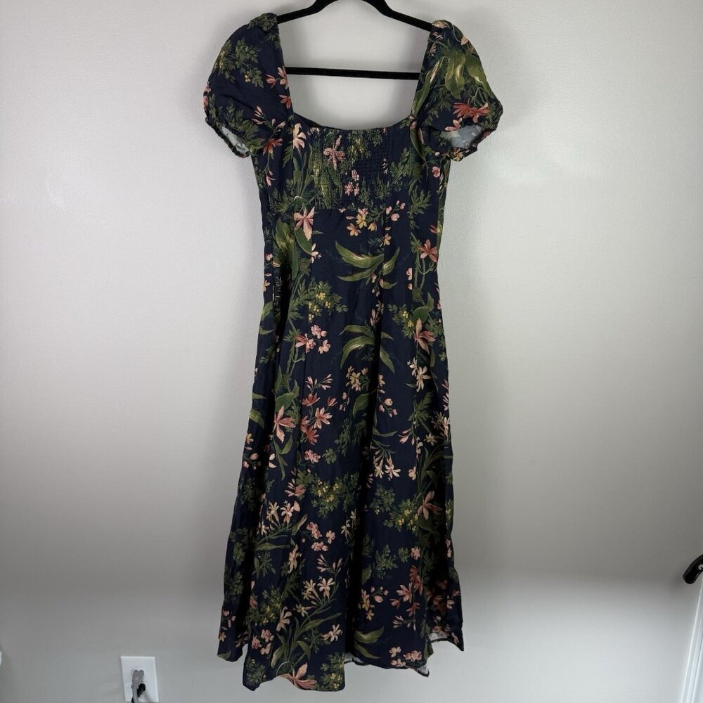 PAIGE Silk Linen Floral Puff Sleeve Midi Dress Blue Green Cottagecore Flaw - Picture 8 of 10